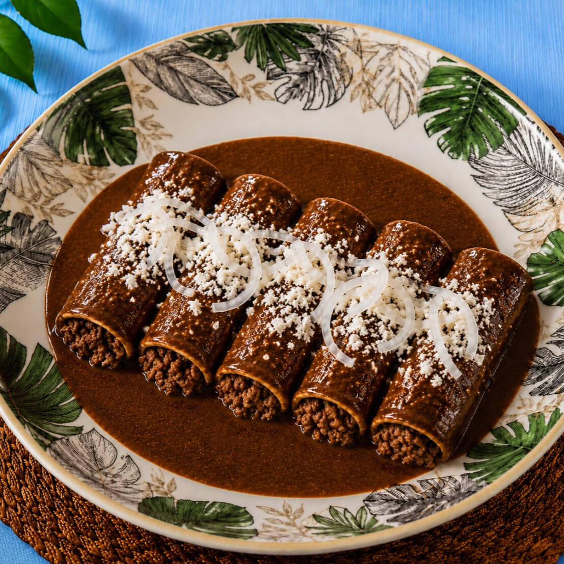 Enchiladas de mole rellenas de carne molida