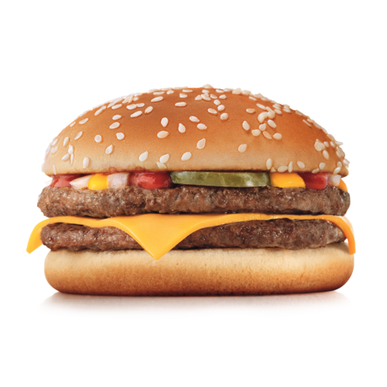 Dois hambúrgueres, uma explosão de sabor. Dois deliciosos hambúrgueres de carne 100% bovina, queijo cheddar derretido, picles, cebola picada, ketchup e mostarda