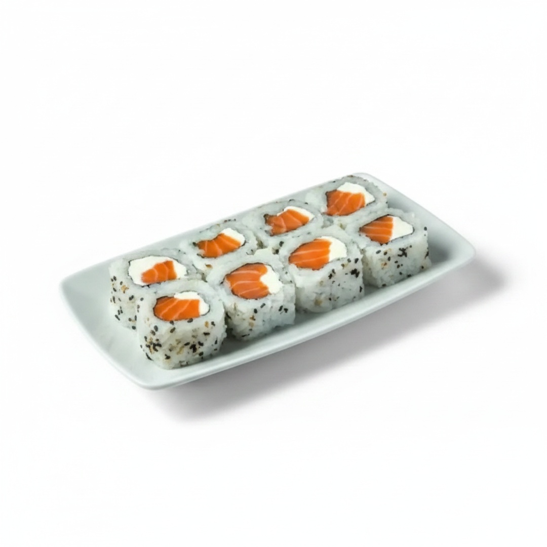 Salmão, arroz japonês, cream cheese, cebolinha e gergelim.