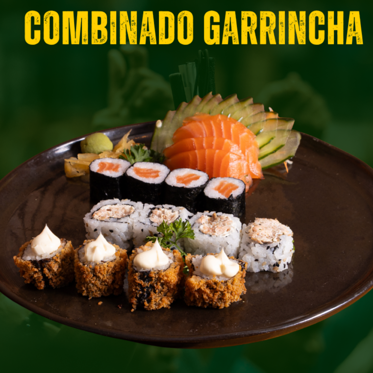 4 sashimis de salmão, 4 hossomakis de salmão, 4 uramakis de salmão grelhado com cheese, 4 hot rolls tradicional