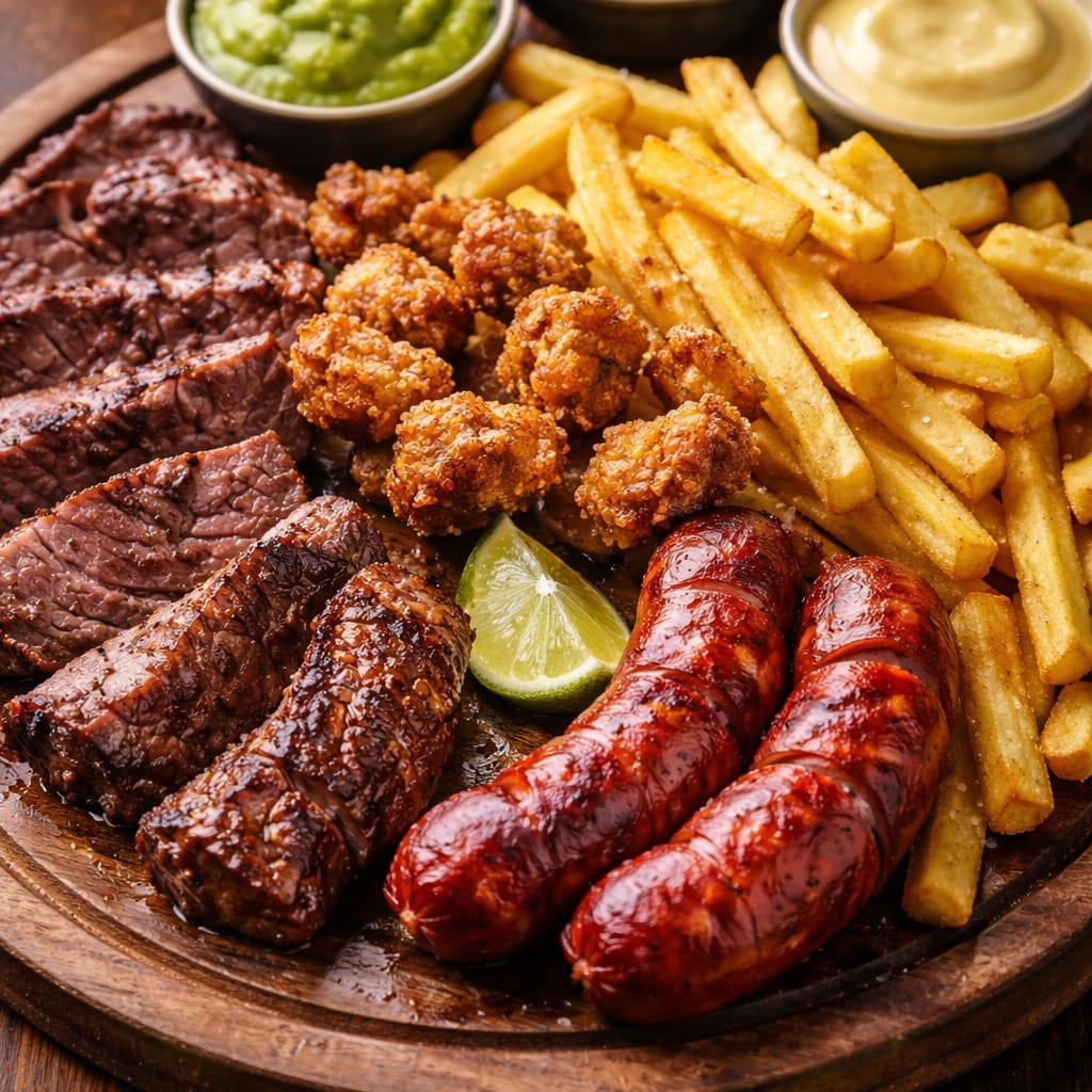 Chicharrón al barril 150g + carne 125g + chorizo artesanal 130g