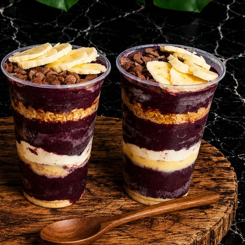 Leite condensado, leite em pó, paçoca, granola, e banana, Gotas de Chocolate