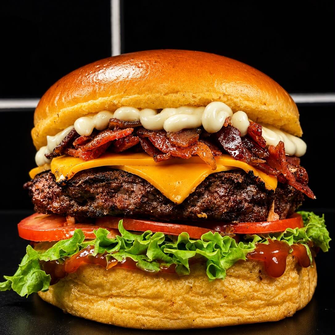 Apresentamos o 'Xm8 Bacon', uma deliciosa joia da categoria 'Hambúrgueres Tradicionais'. Este prato consiste em um suculento hambúrguer de 120g de carne selecionada, envolto em uma camada generosa de queijo cheddar derretido e ricas fatias de bacon crocante. Para equilibrar os sabores, adicionamos frescos alface e tomate, e um toque especial de cebola caramelizada. O prato é finalizado com a doçura do ketchup e a cremosidade única da maionese verde, tudo isso acomodado em um pão macio e levemente tostado. A combinação perfeita de ingredientes torna o 'Xm8 Bacon' uma verdadeira explosão de sabor!