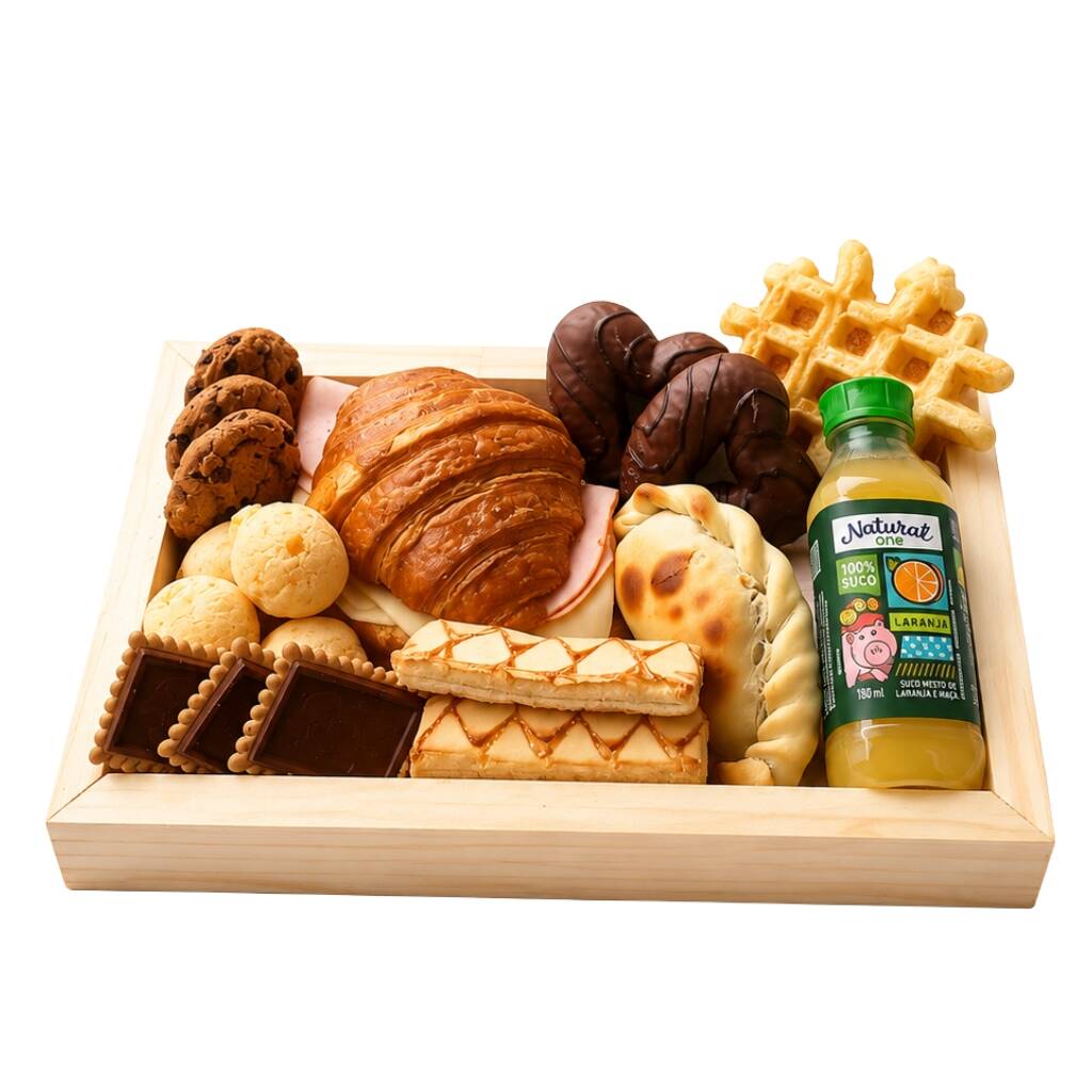 Composição:
Bandeja de madeira Pinus, um Suco Natural One sabor laranja 180ml, um cookies com gotas de chocolate, três Chocobiscuits ao leite, um croissant recheado com peito de peru e mussarela, porção de pães de queijo recheados com Catupiry, duas waffles de pão de queijo Catupiry, uma empanada de carne com Catupiry Original, três biscoitos folhados e dois pães de mel cobertos com chocolate ao leite.
Acompanha embalagem para presente. Pode ser enviada diretamente ao destinatário, pois não acompanha nota fiscal com o valor dos produtos na entrega. Ideal para aniversários, agradecimentos, comemorações e momentos especiais.