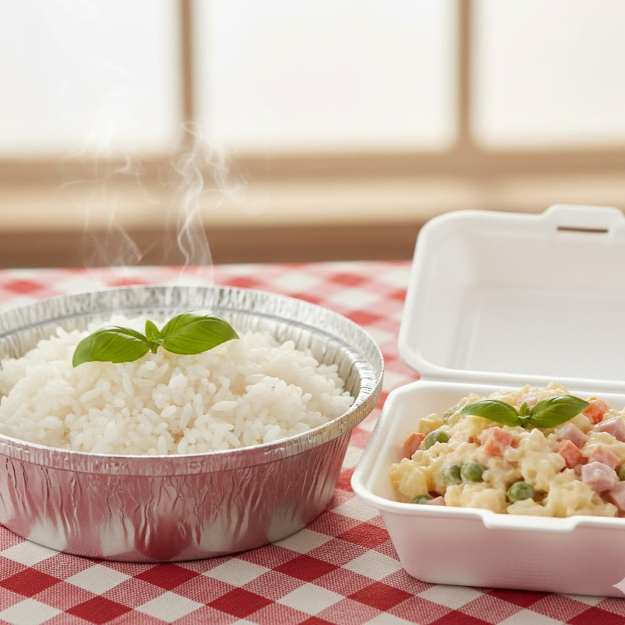 Uma porção individual de arroz branco soltinho + uma porção individual de salada de maionese geladinha. Seu almoço mais completo!