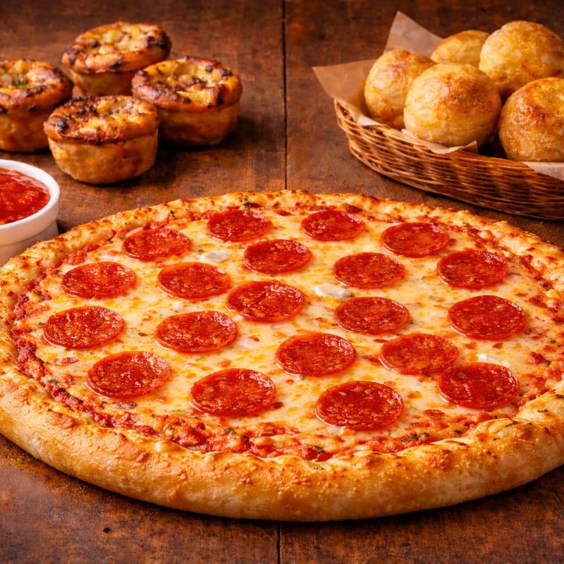 Pizza familiar12 rebanadas 41cm+bollitos+Muffctos.