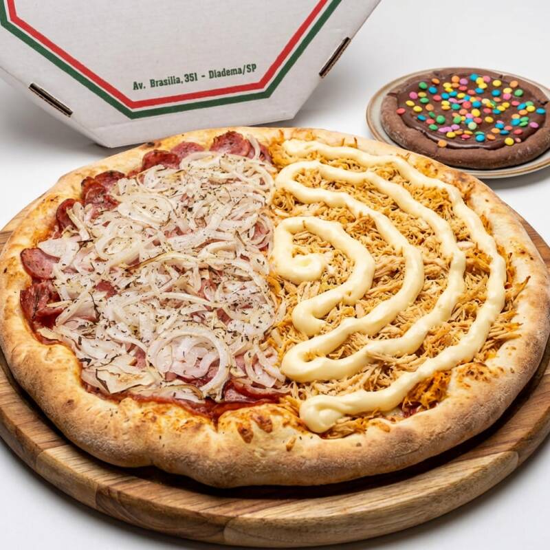 Pizza 1/2 Calabresa: Calabresa Fatiada E Cebola. Pizza 1/2 Frango 2: Frango Com Catupiry. 1 Pizza Broto: Chocolate com Confetes.