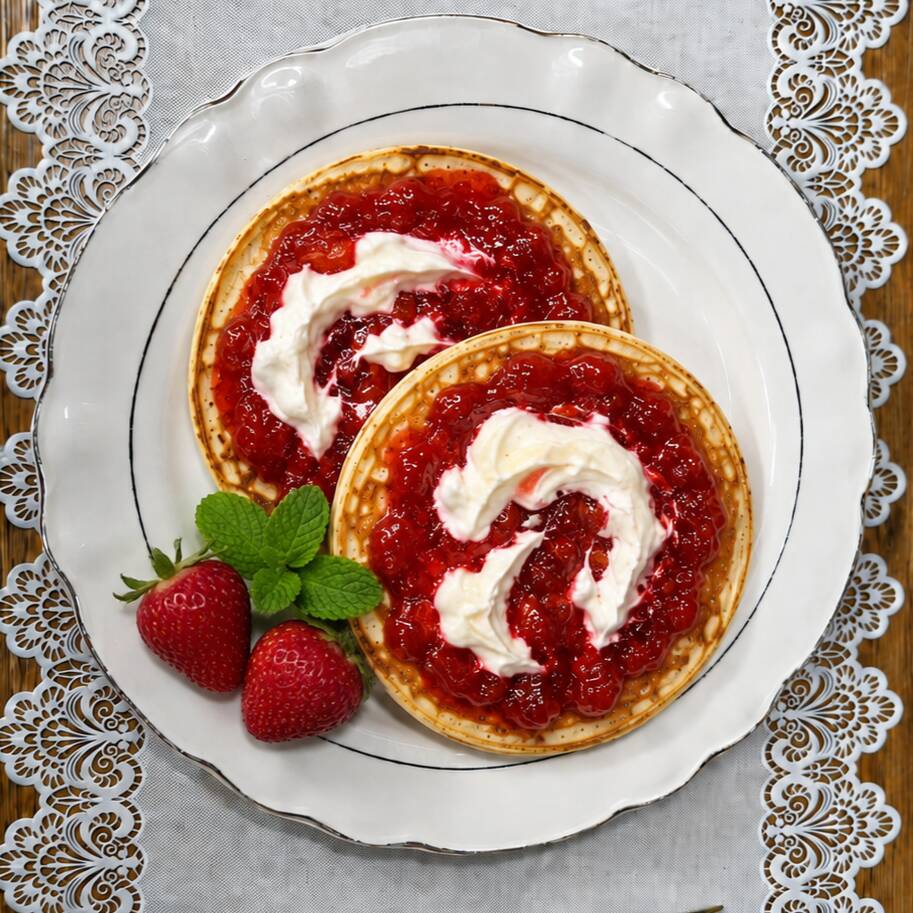 2 Hot Cakes Cubiertos con Queso Crema/Fresa