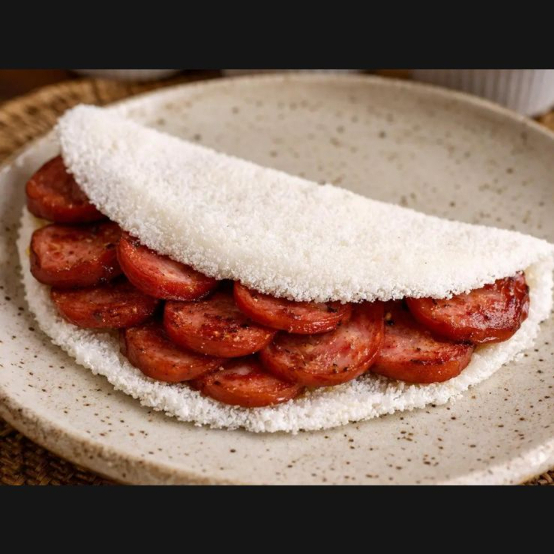 Massa de Tapioca recheada com linguiça calabresa fatiada