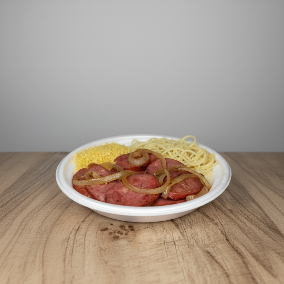 NÃO ACOMPANHA SALADA🥗 "Sabor que conquista!😋Calabresa acebolada feita com amor,♥️produtos fresquinhos de alta qualidade. Marmitex padronizada para você 🫵 servido com ARROZ, FEIJÃO, MACARRÃO, FAROFA 🍛 entrega rápida e fácil."🚀