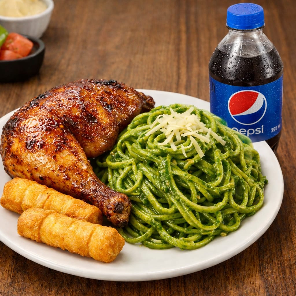 Spaguetti al Pesto + tequeños + bebida