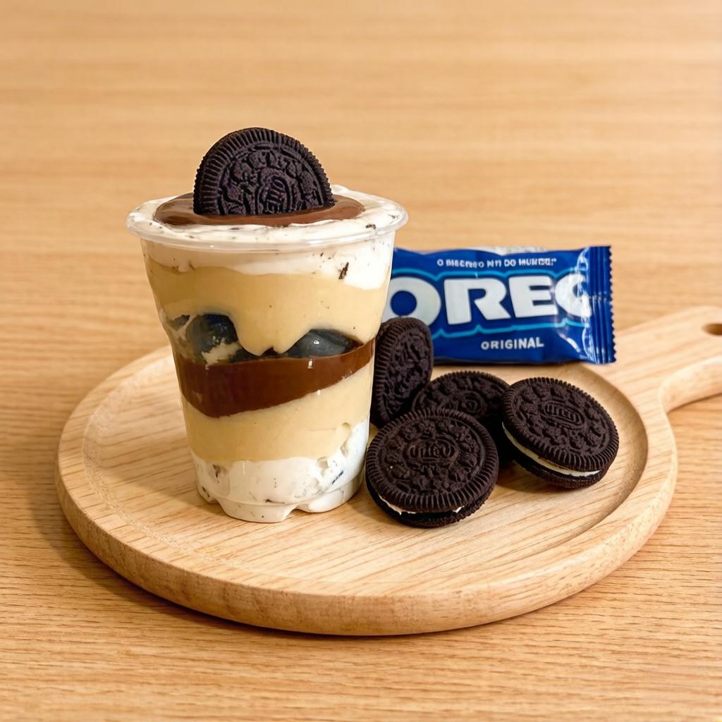 Camadas irresistíveis de mousse cremosa de Oreo, Nutella deliciosa, creme de leite Ninho e pedaços crocantes de bolacha Oreo picada. Uma sobremesa no copo perfeita para quem ama combinações intensas e saborosas!
