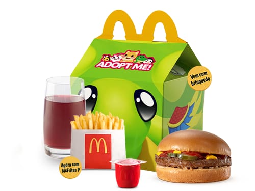O McLanche Feliz acompanha sanduíche hambúrguer com tomatinho ou McFritas como acompanhamento, uma refrescante bebida e Petit Suisse do Méqui como sobremesa. Brinquedo sujeito a disponibilidade de estoque por restaurante. Confira informações nutricionais