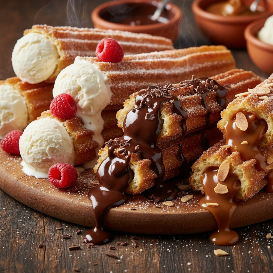 Churros recheados com sorvete, com chocolate ou doce de leite