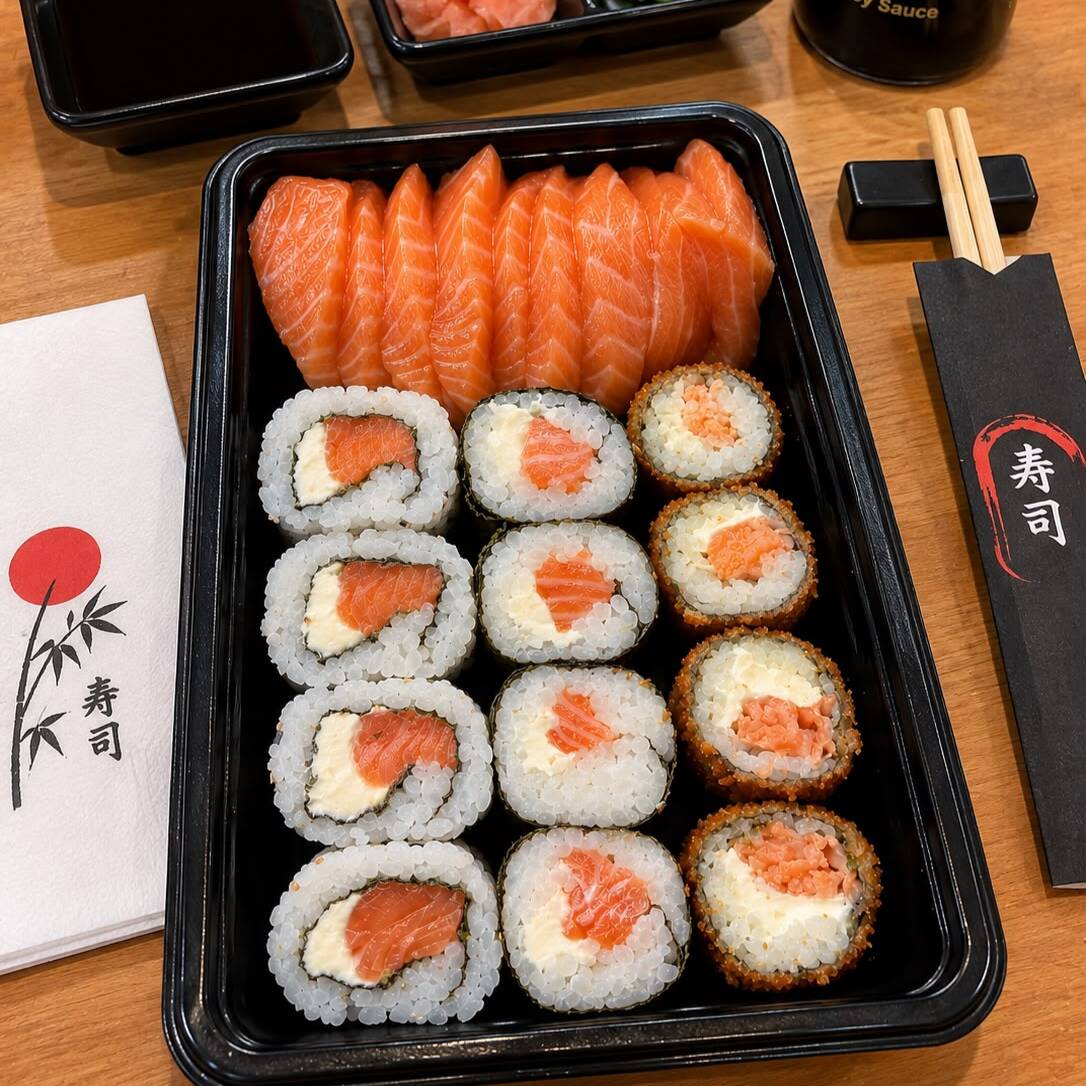 Esse combinado foi criado pensando em você viciado por salmão!!!
8 saschimis de salmão
4 hossomaki de salmão
4 hot Filadélfia
4 uramaki de salmão