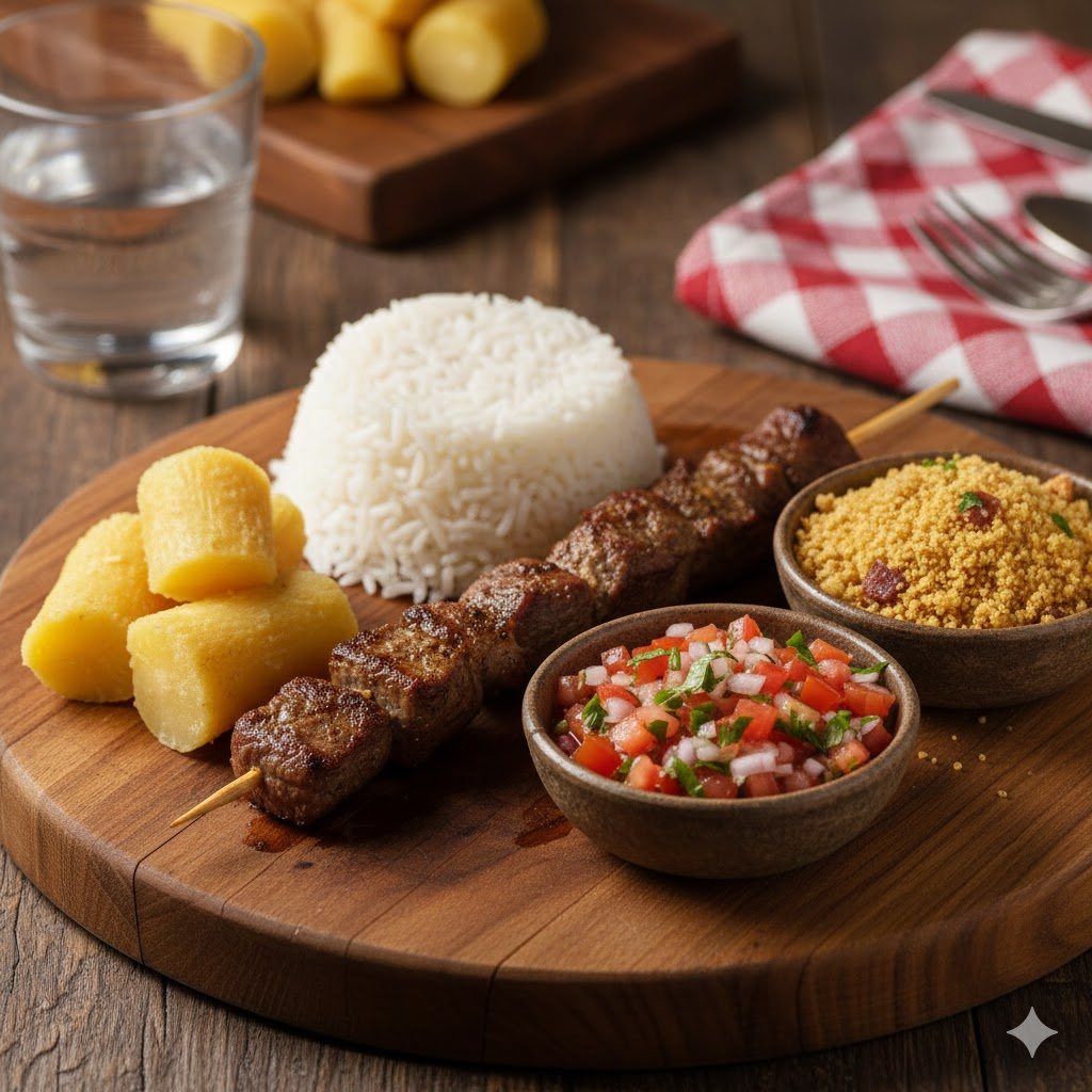 Macaxeira + arroz + espetinho de carne + vinagrete + farofa