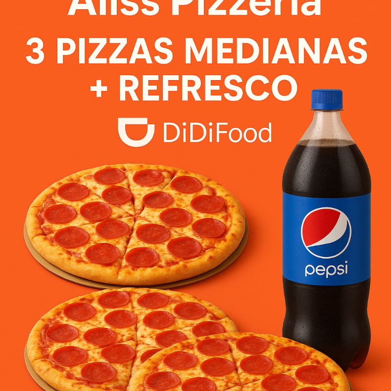 3 Pizzas Medianas + Refresco PEPSI 2.5l