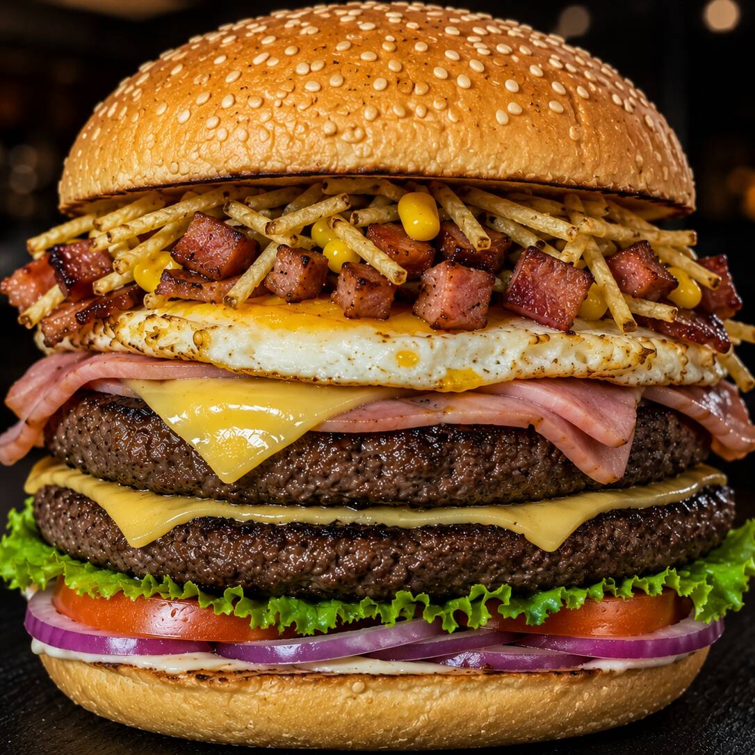 Pão com Gergelim, 2x Hamburguer Bovino (56gr), muçarela, bacon, presunto, milho, ovo, batata palha, baconese ervas, molho Bbq, cebola roxa, alface, tomate
IMAGEM ILUSTRATIVA.