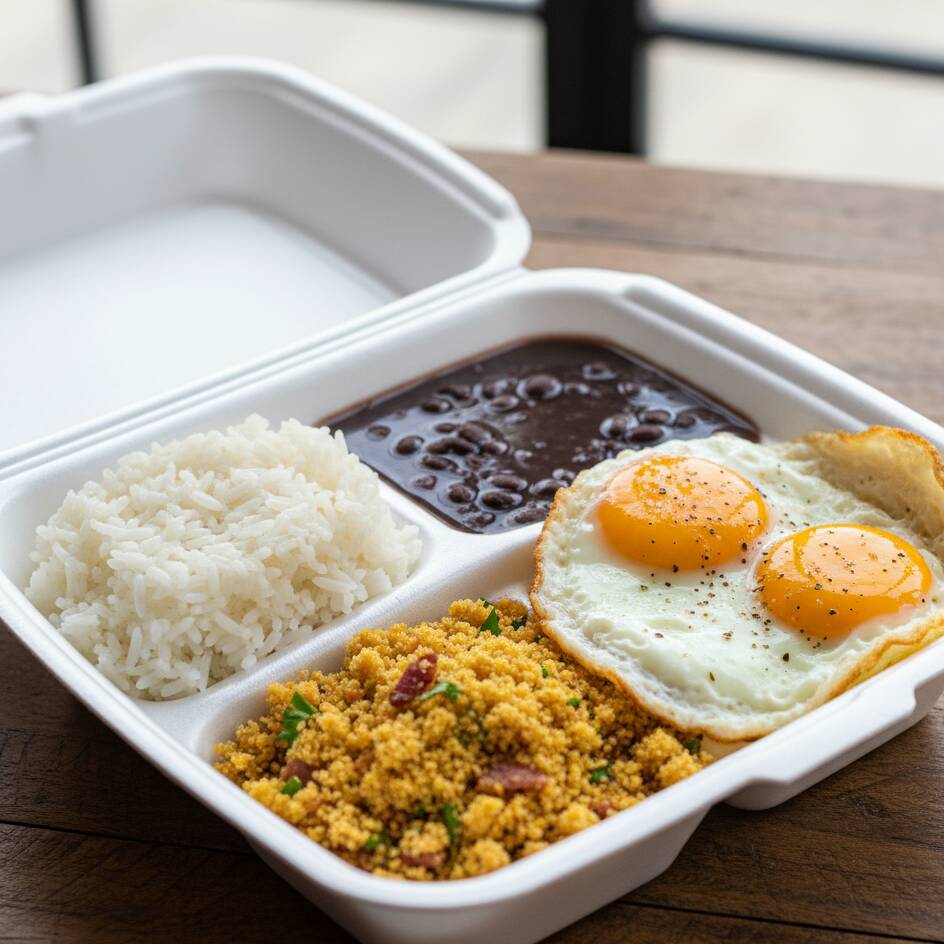 arroz, feijão , dois ovos e farofa "Foto ilustrativa"