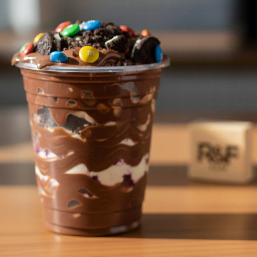 O trufado vai em um copo de 400ml com Nutella ao redor e por cima. Com acompanhamentos da sua escolha e o Creme da sua preferencia .