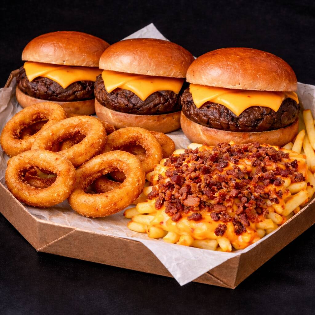 3 X-Burguer Artesanal da casa, Batata Frita do DK, 8 Anéis de cebola