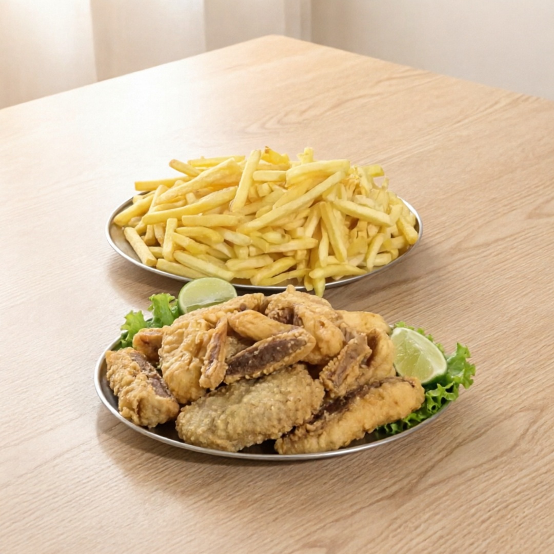 FOTO ILUSTRATIVA. Aproximadamente 400g de Batata pesada fresca e depois preparada frita.
