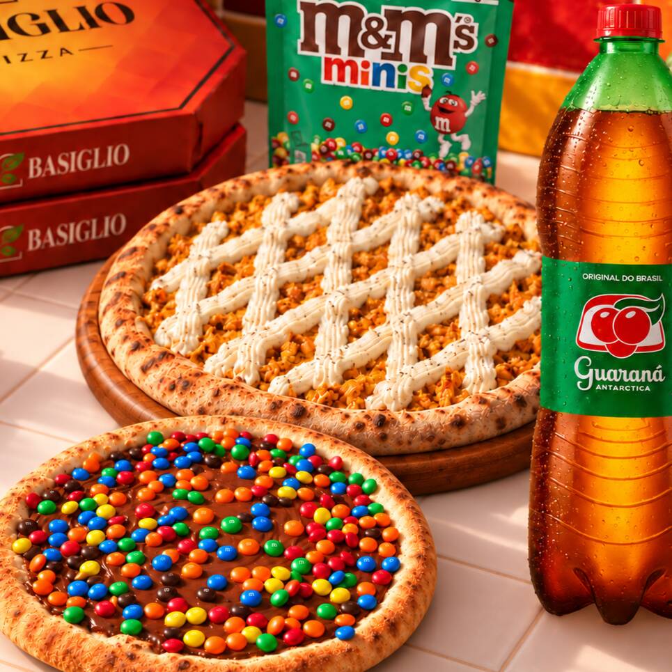 Combo Especial Mês da Criança: 1 Pizza grande salgada (35cm, 8 fatias) + 1 Pizza pequena doce (25cm, 6 fatias) + 1 Refrigerante + BRINDE À SUA ESCOLHA. Transforme seu pedido de pizza em um presente especial!
