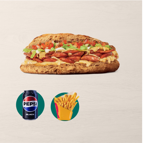 Sanduíche com base de massa de pizza, fatias de calabresa, queijos mussarela e provolone, vinagrete da casa, alface americana e um saboroso molho de alho + 1 Batata Grande + 1 Refrigerante Lata. Incrível!