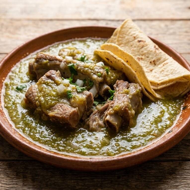 Tortillas de Maíz Carne de Puerco en Salsa Verde