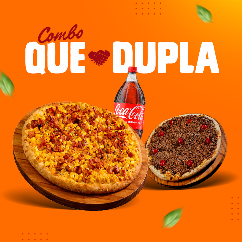 Delicie-se com nosso 'Combo Que Dupla', uma incrível oferta promocional. Aprecie uma generosa pizza grande, com 35 cm de diâmetro e 8 suculentas fatias, disponível nas versões tradicionais ou especiais. Além disso, você receberá uma deliciosa pizza broto doce, com 25 cm de diâmetro e 4 fatias, perfeita para satisfazer seu desejo por doces. Para completar essa refeição perfeita, escolha entre uma refrescante bebida de 2 litros: Kuat, Sprite, Fanta ou Coca-Cola. Por favor, observe que não aceitamos pedidos com solicitação de ingredientes adicionais.