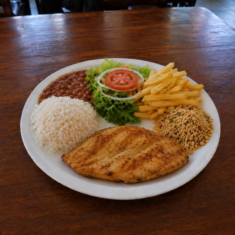 Acompanha: arroz, feijão, salada, batata frita e farofa.