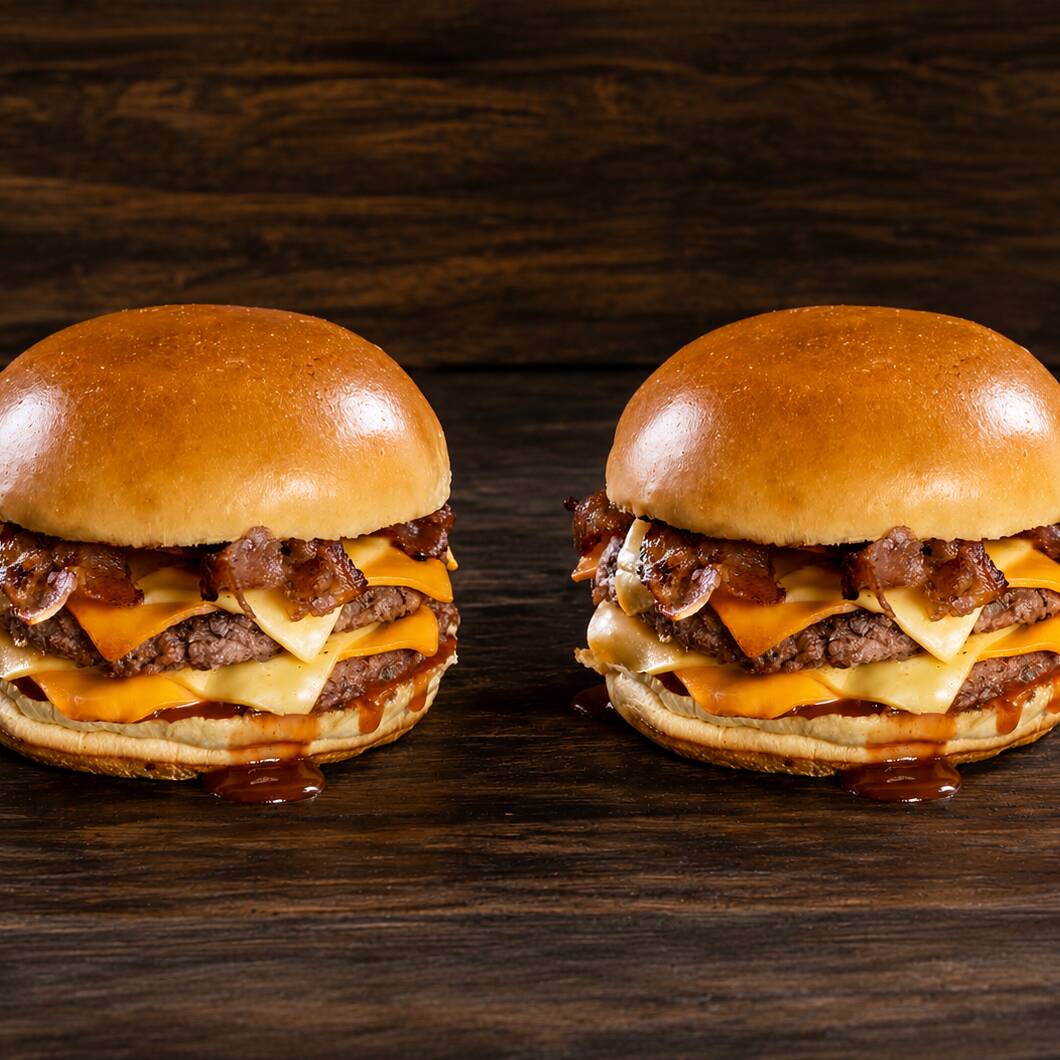 2 Duplo Barbecue + Refri de 1lt
2 carnes bovinas 55g, cheddar cremoso, bacon em cubo, salada rica e molho chefe.