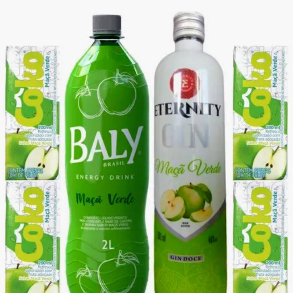 Nosso combo acompanha 1 garrafa de gin (eternity) + 1 energético maçã verde 2 litros + 4 gelos de maçã verde + 4 copos