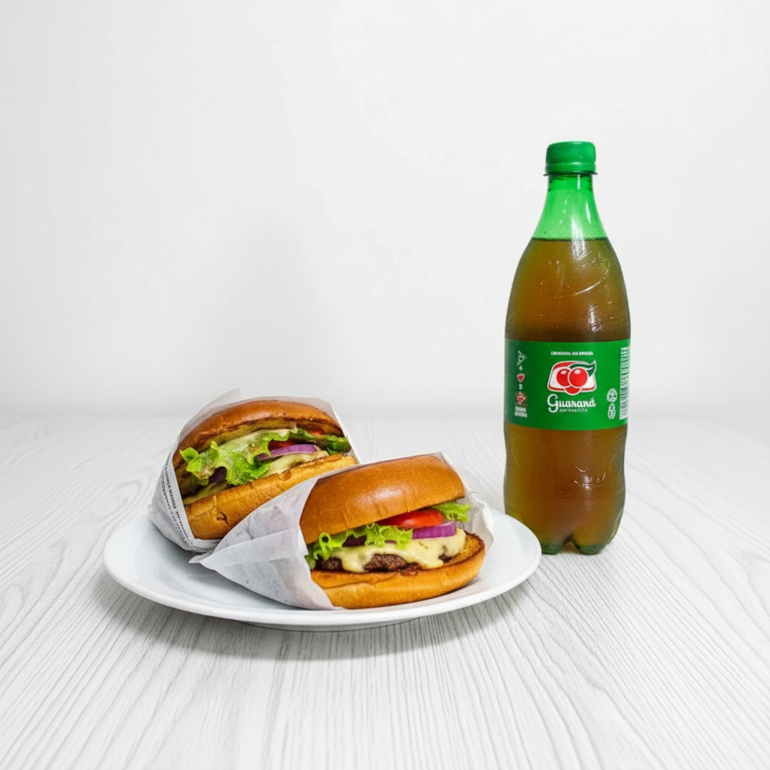 “2 Hambúrguer artesanal preparado com um suculento disco de carne bovina de 130g, grelhado na brasa no ponto perfeito e servido em um macio pão brioche. Coberto com queijo mussarela completamente derretido,1 Refrigerante Antarctica de 1 Lt acompanhado de uma fresca salada de alface e tomate, finalizado com um molho especial que realça cada mordida.”
