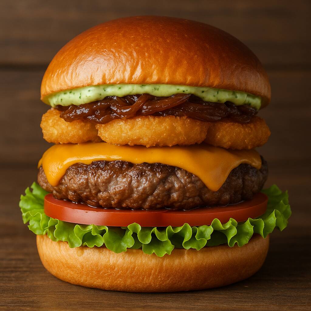 Pao Brioche, 1 blend de 160gr, cheddar, 3 aneis de cebola, alface, tomate, cebola caramelizada e maionese da sua escolha