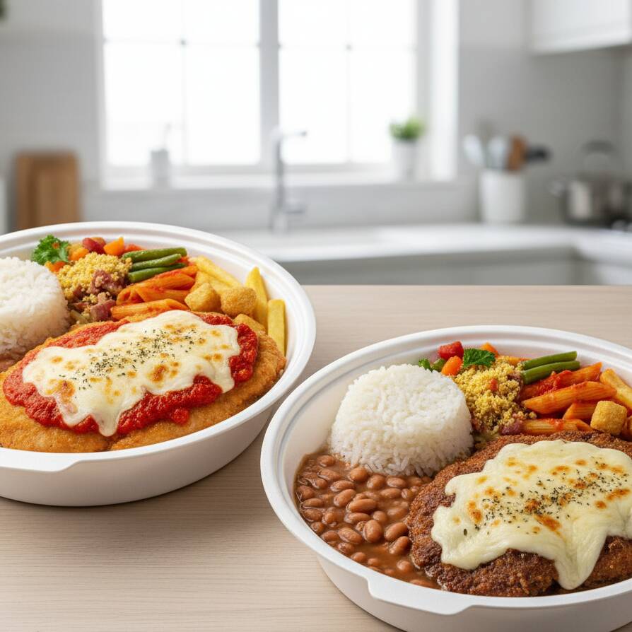 Combo com 2 Marmitas tamanho P. Primeira Frango Parmegiana Arroz, feijão, macarrão do dia, farofa, legumes refogados e uma fritura variada & Segunda Bife Parmegiana Arroz, feijão, macarrão do dia, farofa, legumes refogados e uma fritura variada