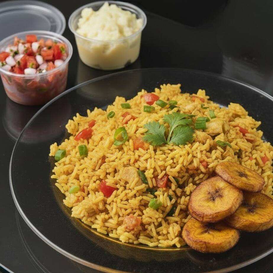 Frango desfiado bem temperado com arroz amarelo, servido com purê de batata e vinagrete. Uma opção leve, completa e cheia de sabor.
