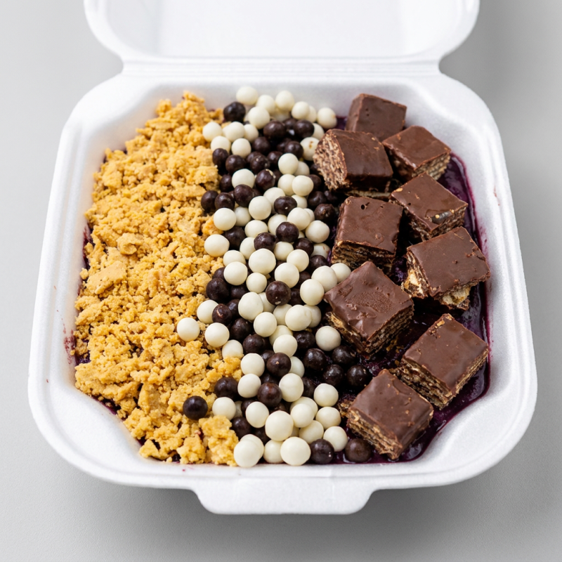 Desfrute de um açaí refrescante de 300ml, acompanhado por três deliciosos acompanhamentos à sua escolha, para uma experiência saborosa e revigorante.