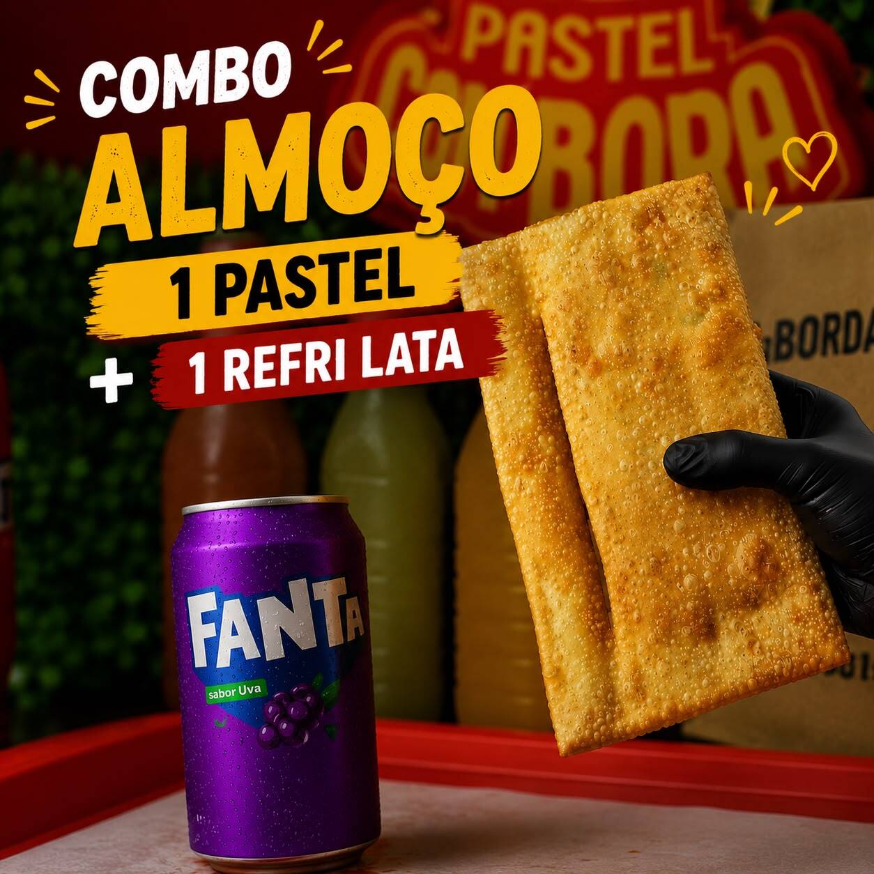 A combinação perfeita para matar a fome! Escolha um dos nossos deliciosos pastéis e acompanhe com um refrigerante geladinho. Um combo prático, saboroso e com um ótimo custo-benefício para deixar sua refeição ainda mais completa. TEMPO LIMITADO!