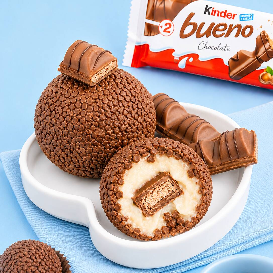 Brigadeiro gigante com recheio cremoso de Ninho e um delicioso Kinder Bueno Chocolate no centro, coberto com granulado gourmet.