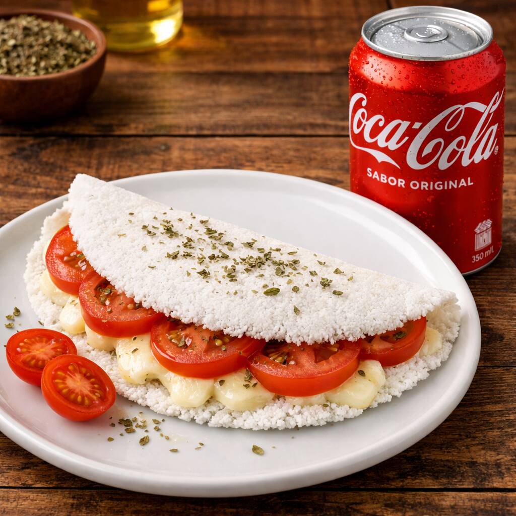 TAPIOCA DE QUEIJO MINAS COM TOMATE E OREGANO + COCA COLA LATA
[[[Tapioca queijo branco, tomate e oregano + Coca-Cola lata bem gelada