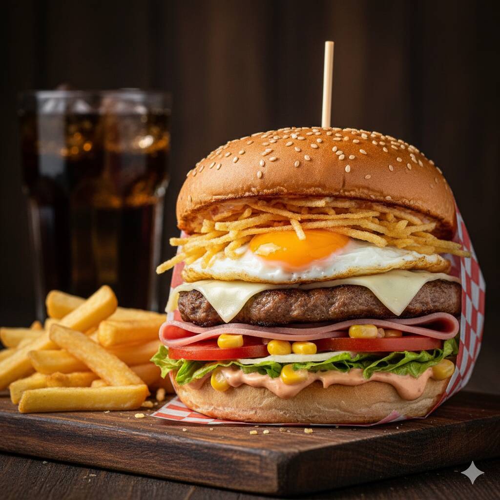 Pão, Lombo Suíno, Ovo, Presunto, Mussarela, Milho, Tomate, Alface, Batata Palha