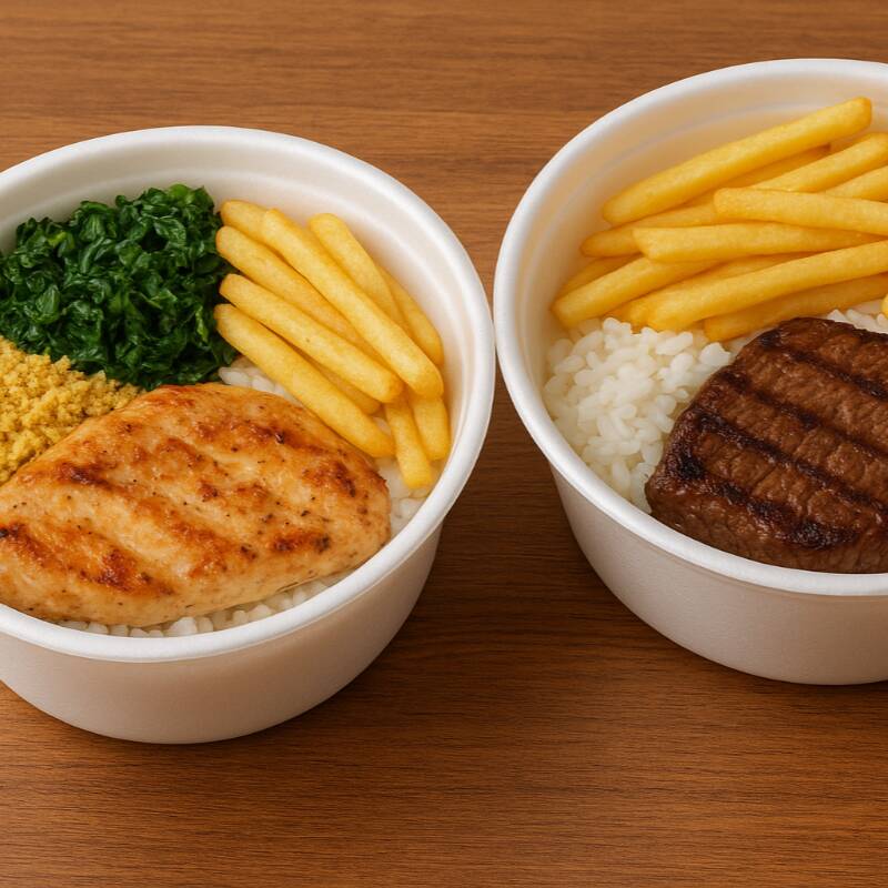 Combo com 2 marmita. uma de contra file e outra de file de frango, cada marmita acompanha arroz, feijão, farofa e couve.