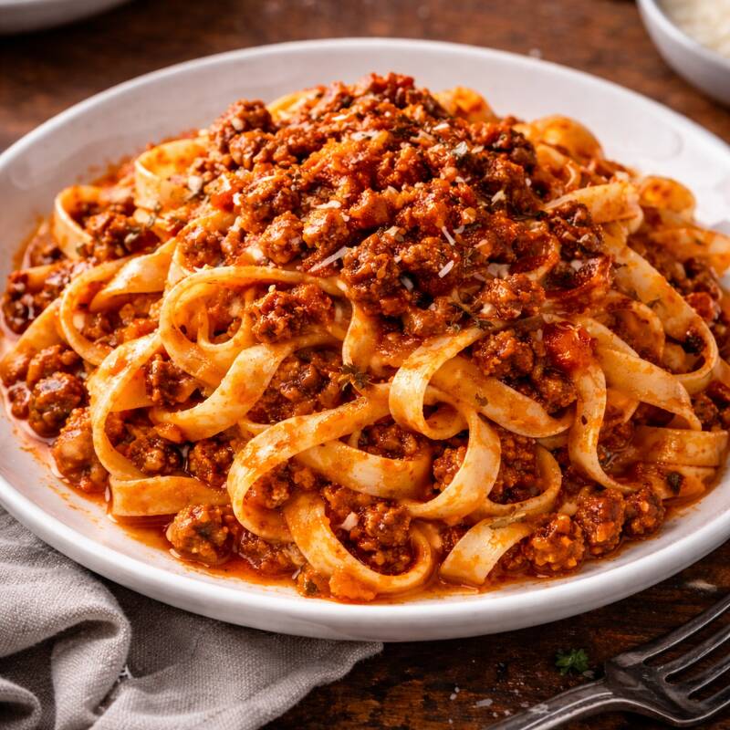 Massa fresca produzida artesanalmente na casa, molho de tomate caseiro com carne moída bovina.