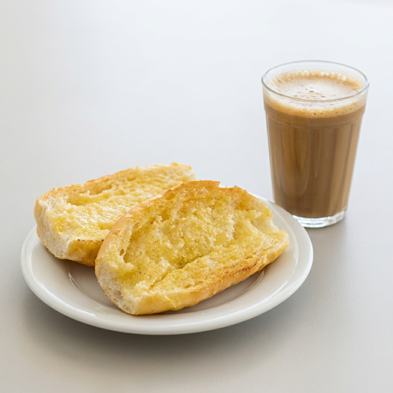 2 pães na chapa ou manteiga + café com leite 280ml