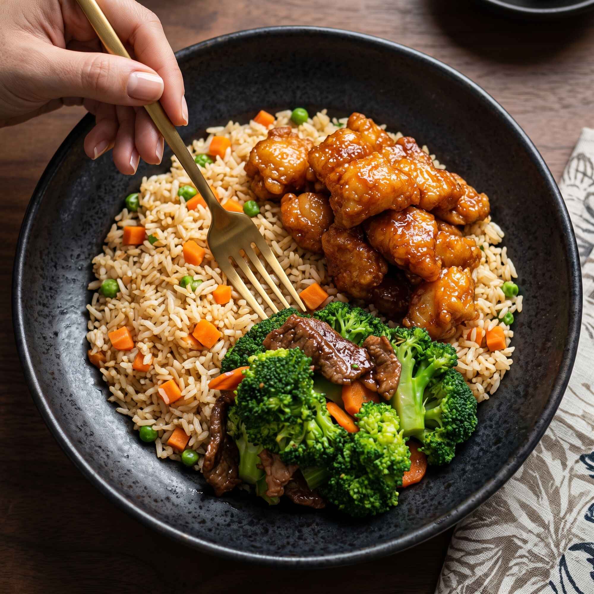 Res con Brócoli y Pollo Agridulce (Arroz)