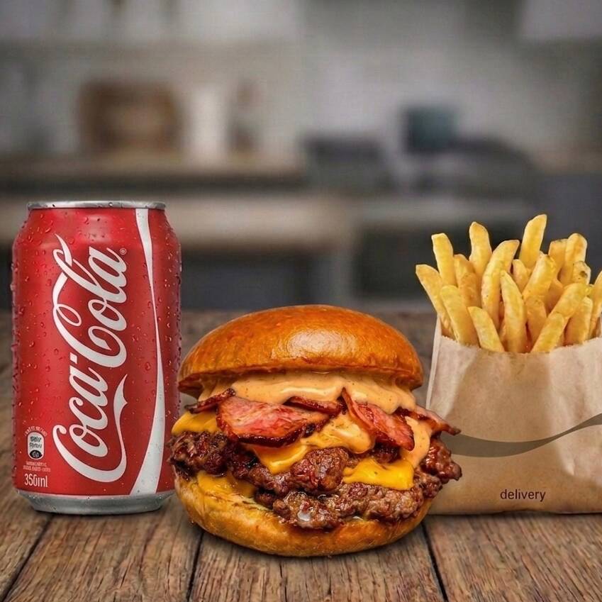 Combo Smash Bacon Duplo + Batata + Refri 🥤
Tá com fome de verdade? Então vai no clássico que não tem erro:
• O Burger: 2x Smashed Burgers (carne angus), queijo cheddar, muito bacon e molho sua escolha no pão brioche.
• A Batata: Porção individual de fritas crocantes.
• A Bebida: Coca-Cola lata 350ml.