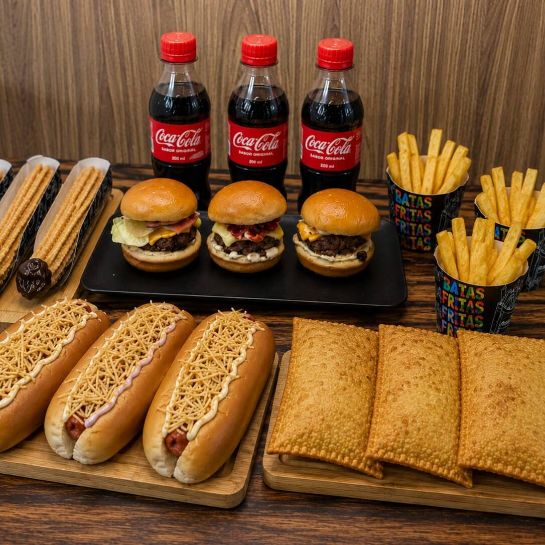 Espetacular combo especial rodizio em casa para galera compartilhar , acompanha 3 churros recheados , 3 burgers , 3 batata fritas , 3 coca - cola 200 ml , 3 pastéis