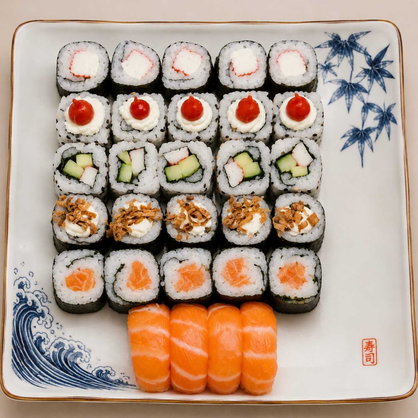 04 sushi salmão, 10 maki salmão, 10 maki kani, 10 maki salmão, 10 uramaki grelhado, 10 maki skin com cream cheese e cebolinha, 10 uramaki Califórnia com manga, pepino e kani.
( OTIMO CUSTO-BENEFÍCIO)