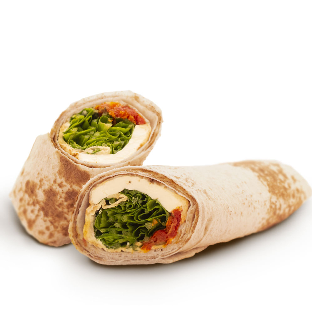 Pão folha, rúcula, tomate seco, cream cheese e queijo branco